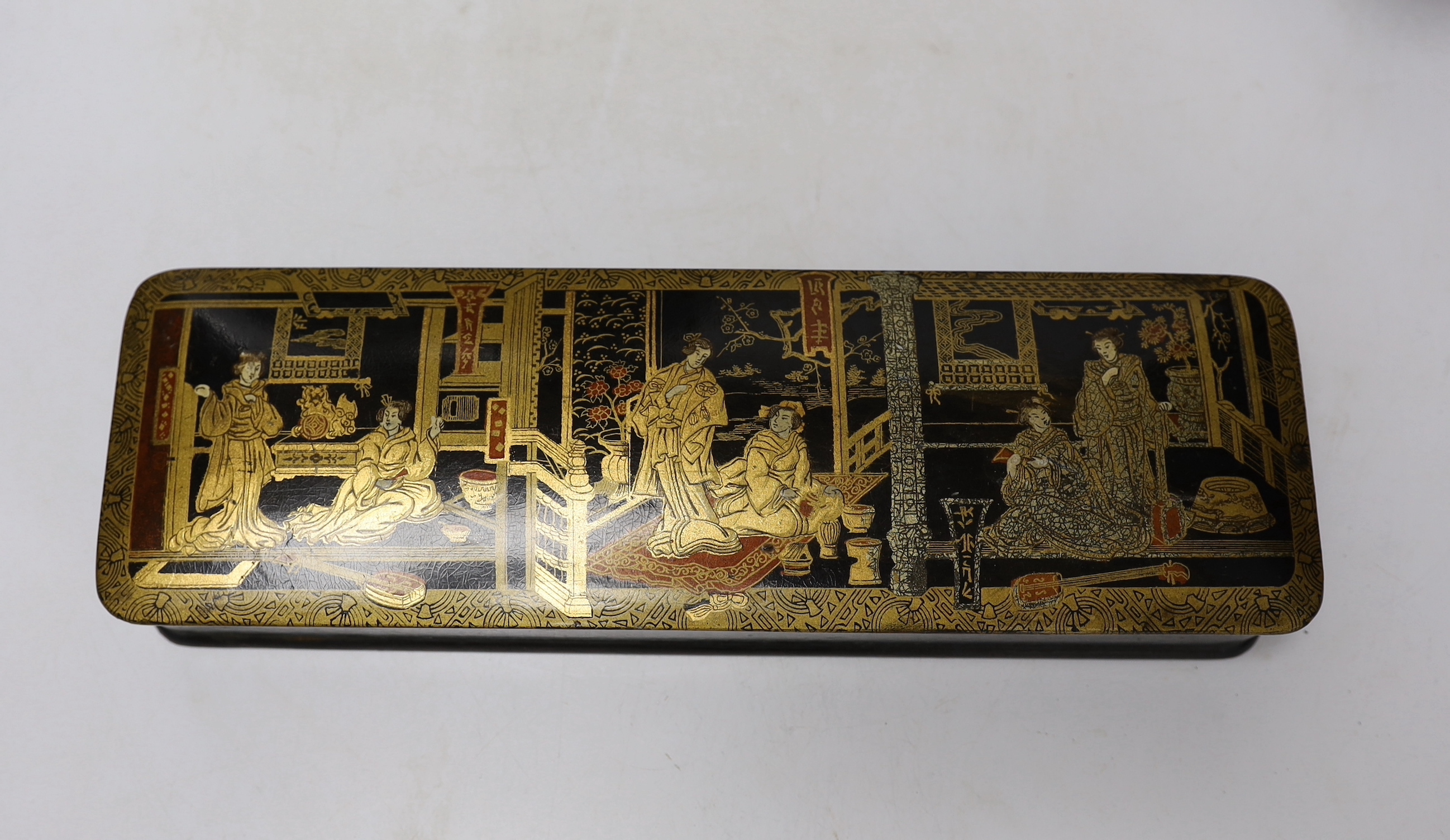 A Chinese famille verte vase, a papier-mâché box and a Chinese hardwood carving of an ox, tallest 42cm